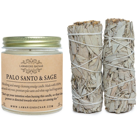 SAGE SMUDGING KIT- Palo Santo Sage Candle + Two Sage Bundles - Cleansing Set - Picture 6 of 7